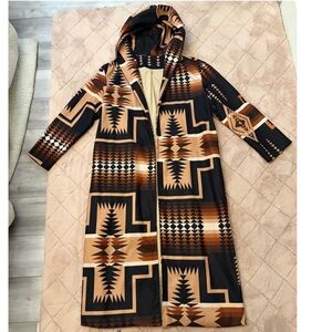 SHEIN Geometric Pattern Hooded Coat - Black and Brown